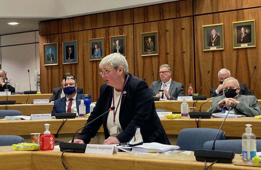 Cllr Pauline Jorgensen speaking in the council chamber